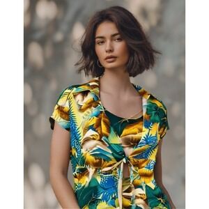 80s Hawaiian Dress Set Womens Size Small Floral Blue Yellow Bolero Top Rayon